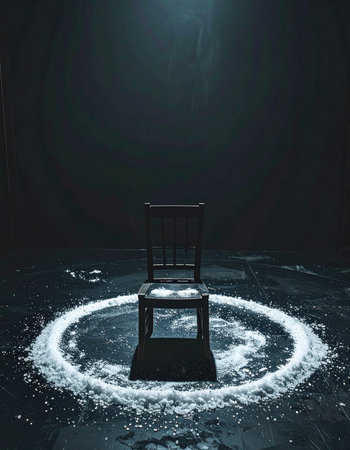 An empty chair sits in the stark glow of a single spotlight, enclosed by a protective or confining circle of white salt.の素材