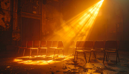 In the quiet darkness of an empty theater, a single, warm spotlight cuts through the atmospheric haze, illuminating rows of vacant chairs.の素材