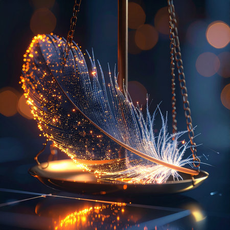 In a world of complex data and digital ethics, the weight of truth is as delicate and luminous as a single feather.の素材