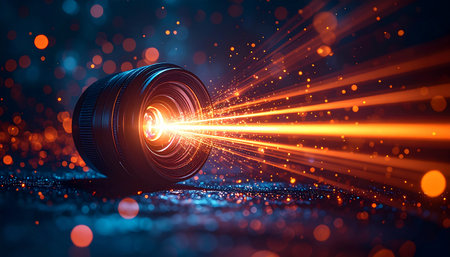 A powerful camera lens rests on a reflective surface, unleashing brilliant beams of orange light that cut through the darkness.の素材