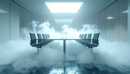 In a sterile, futuristic boardroom, a thick mist swirls around an empty conference table, suggesting a meeting that has just concluded or is about to begin.の素材