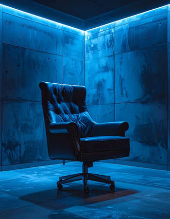 An empty executive chair sits in the corner of a stark concrete room, bathed in the cool, intense glow of blue neon lights.の素材