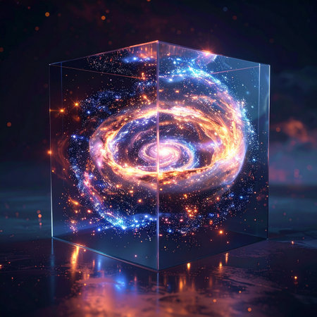 A mesmerizing digital artwork depicting a vibrant spiral galaxy captured within the confines of a transparent glass cube.の素材