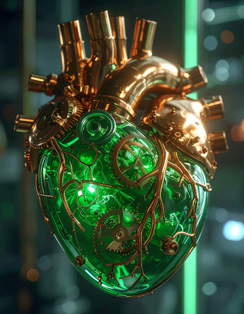 In a future where biology and technology merge, this advanced cybernetic heart pulses with a vibrant green energy.の素材