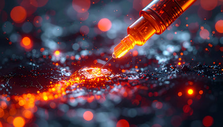 A macro shot captures a moment of scientific breakthrough as a glowing orange liquid is dispensed from a pipette, causing a fiery, sparkling reaction on a dark, textured surface.の素材