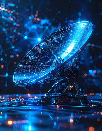 In a sprawling cyber city illuminated by neon lights, a massive satellite dish hums with power, processing and transmitting vast amounts of global data.の素材
