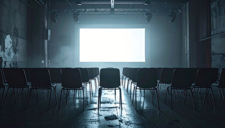 In the quiet darkness of an empty hall, a single chair sits in the spotlight, facing a glowing blank screen.の素材