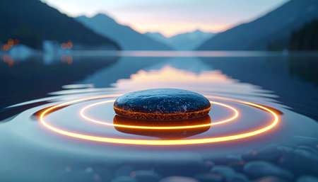 In the quiet stillness of a remote mountain landscape, a smooth technological device activates, sending glowing ripples across the tranquil water.の素材