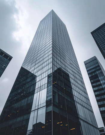 From a low angle perspective, a modern glass skyscraper pierces the overcast sky, its reflective facade a symbol of corporate ambition and financial power.の素材