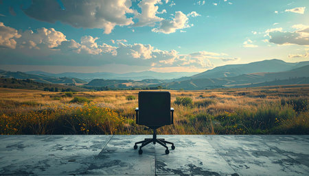 An empty office chair sits on a modern floor, facing a breathtaking panoramic view of a vast, tranquil landscape.の素材