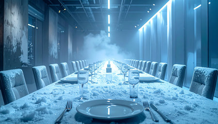 An empty, surreal banquet table stretches into a misty, blue-lit infinity.の素材