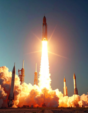 A fleet of powerful rockets ignites the dawn sky, lifting off in a spectacular display of fire and smoke.の素材