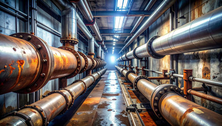 A view down a long, gritty industrial corridor where massive, rusty pipelines stretch into the distance.の素材