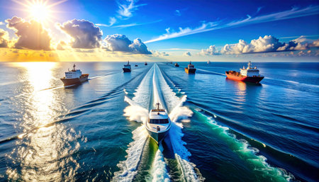 An aerial view captures a powerful speedboat cutting through the ocean at dawn, leading a convoy of large cargo ships.の素材