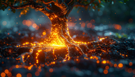 Deep within an ancient, enchanted forest, the roots of a mythical tree pulse with a fiery, magical energy.の素材