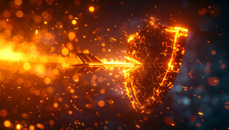 A blazing arrow, representing a digital threat or powerful attack, is stopped mid-flight by an impenetrable, fiery shield.の素材