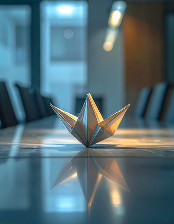 A single, illuminated origami crown sits on a polished conference table, a silent testament to a strategic victory or the crowning of a new leader.の素材
