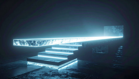 In a dark, atmospheric space, a set of crystalline stairs glows with an ethereal blue light, leading up to a futuristic platform.の素材