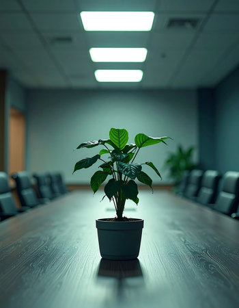 In the quiet stillness of an empty boardroom, a single green plant stands as a symbol of growth and potential.の素材