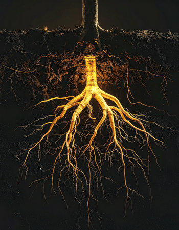 Deep beneath the surface, a tree's golden roots glow with a powerful, mystical energy.の素材