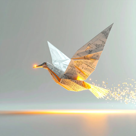 A digital dove, crafted from circuits and light, soars through a minimalist space.の素材