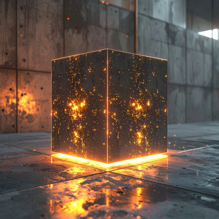 In the stark silence of a vast concrete chamber, a mysterious cube hums with contained energy.の素材