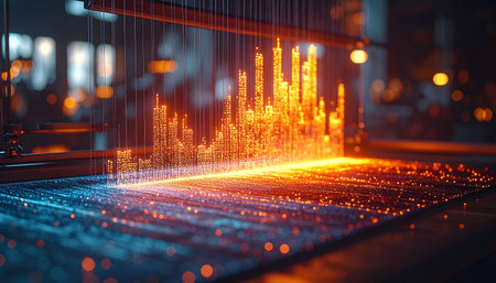 Streams of glowing data flow across a digital landscape, rising to form the skyline of a futuristic metropolis.の素材