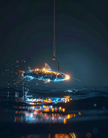 In the deep, dark waters of a futuristic world, a luminous fish containing the glowing heart of a bustling city is caught on a line.の素材
