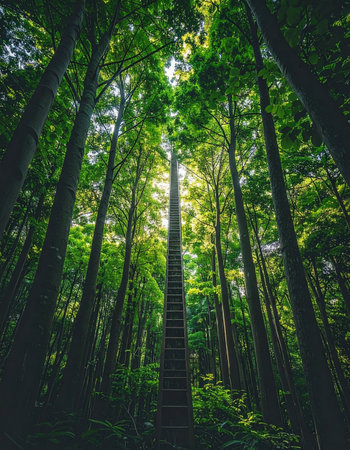 A mysterious ladder stretches endlessly upwards through a dense, sun-dappled forest canopy.の素材