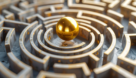 A gleaming golden sphere rests at the heart of an intricate labyrinth, symbolizing the successful conclusion of a complex journey.の素材
