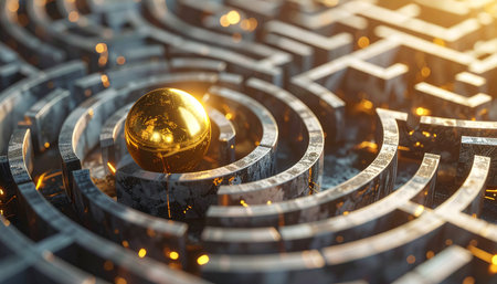 A gleaming golden sphere rests at the heart of an intricate, glowing maze, symbolizing the successful culmination of a complex journey.の素材
