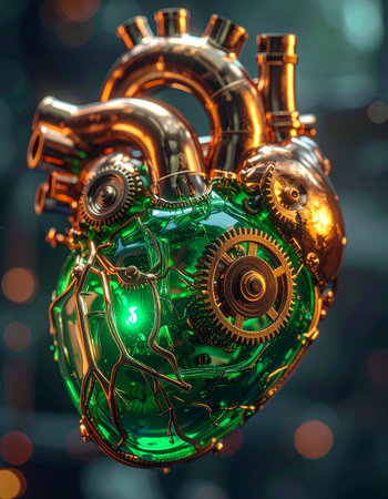 In a world where clockwork precision meets biological wonder, a mechanical heart pulses with an emerald green light.の素材
