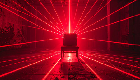 Intense red laser beams radiate from a central point, creating an impenetrable grid in the darkness.の素材