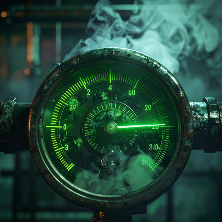In the heart of a complex machine, a critical pressure gauge glows with an ominous green light. Steam vents from the pipes as the needle climbs, indicating a system under immense strain.の素材