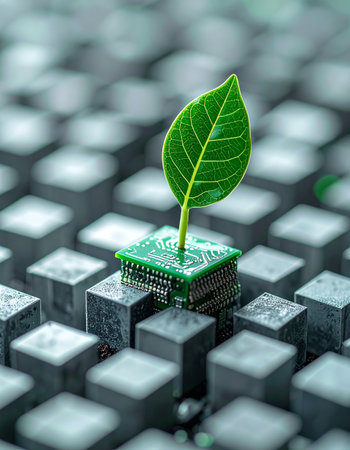 A single vibrant green leaf sprouts from a computer microchip, symbolizing the powerful fusion of nature and technology.の素材
