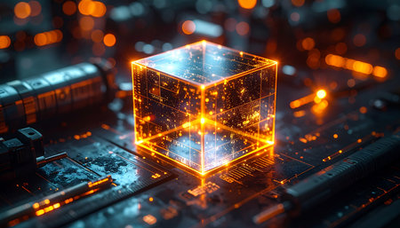 In the heart of a complex motherboard, a quantum core awakens, its glowing cube of light processing vast amounts of data.の素材