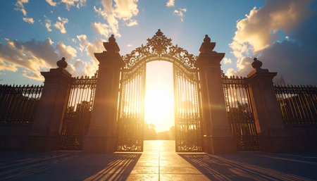 As the sun rises, its brilliant golden light streams through a pair of majestic, ornate gates, casting long shadows along the path.の素材
