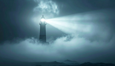 A solitary lighthouse stands resilient against a tumultuous storm, its powerful beam cutting through the dark, foggy night.の素材