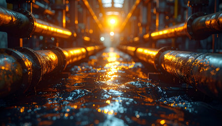 A network of massive industrial pipelines stretches into the distance, converging on a powerful, glowing light source.の素材