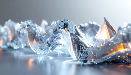 A macro view of a dynamic crystalline landscape where cool, ethereal blue light meets a warm, powerful golden glow.の素材