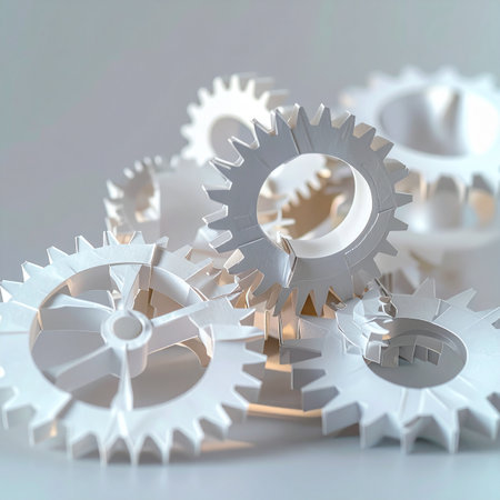 A close-up view of a complex system of interlocking white gears and cogs.の素材