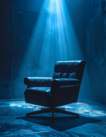 In a dark, empty room, a single blue spotlight illuminates a solitary armchair.の素材