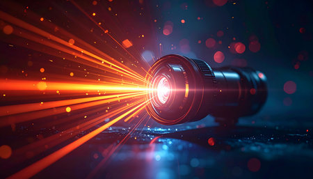 A powerful beam of red and orange light erupts from an advanced optical lens, cutting through the darkness.の素材