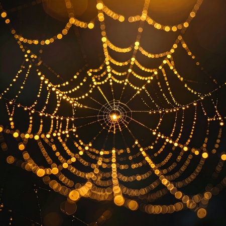 In the quiet moments of dawn, a spider's intricate creation is transformed into a string of golden jewels.の素材