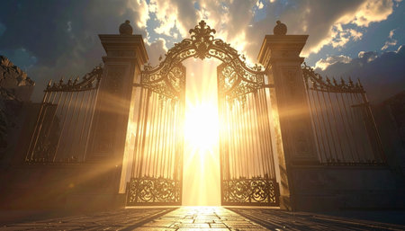 As the magnificent golden gates slowly part, a brilliant, warm light spills forth, offering a glimpse into eternity.の素材