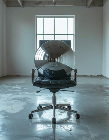 A single, modern office chair stands alone in the center of a vast, unfurnished industrial space.の素材