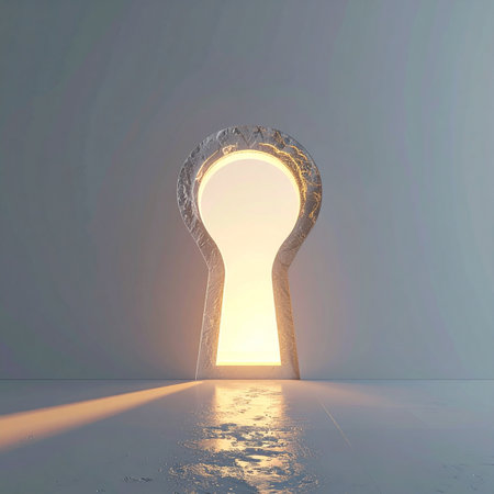A beam of warm, golden light streams through an old keyhole, casting a hopeful glow into a dark space.の素材