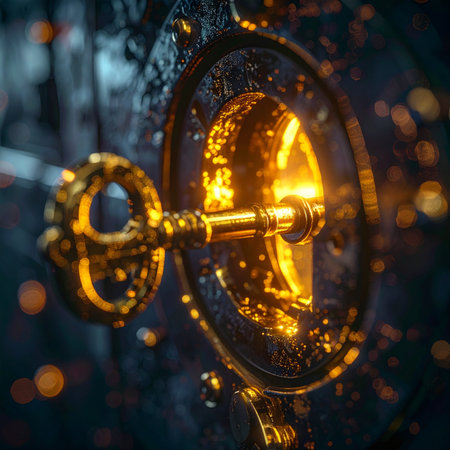 An ornate golden key turns in an ancient lock, emitting a magical glow that illuminates the darkness.の素材