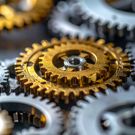 A macro photograph focusing on a central golden cogwheel perfectly interlocking with surrounding silver gears.の素材