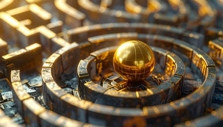 A gleaming golden sphere sits at the heart of an intricate, sun-drenched labyrinth, symbolizing the complex journey through the world of finance.の素材
